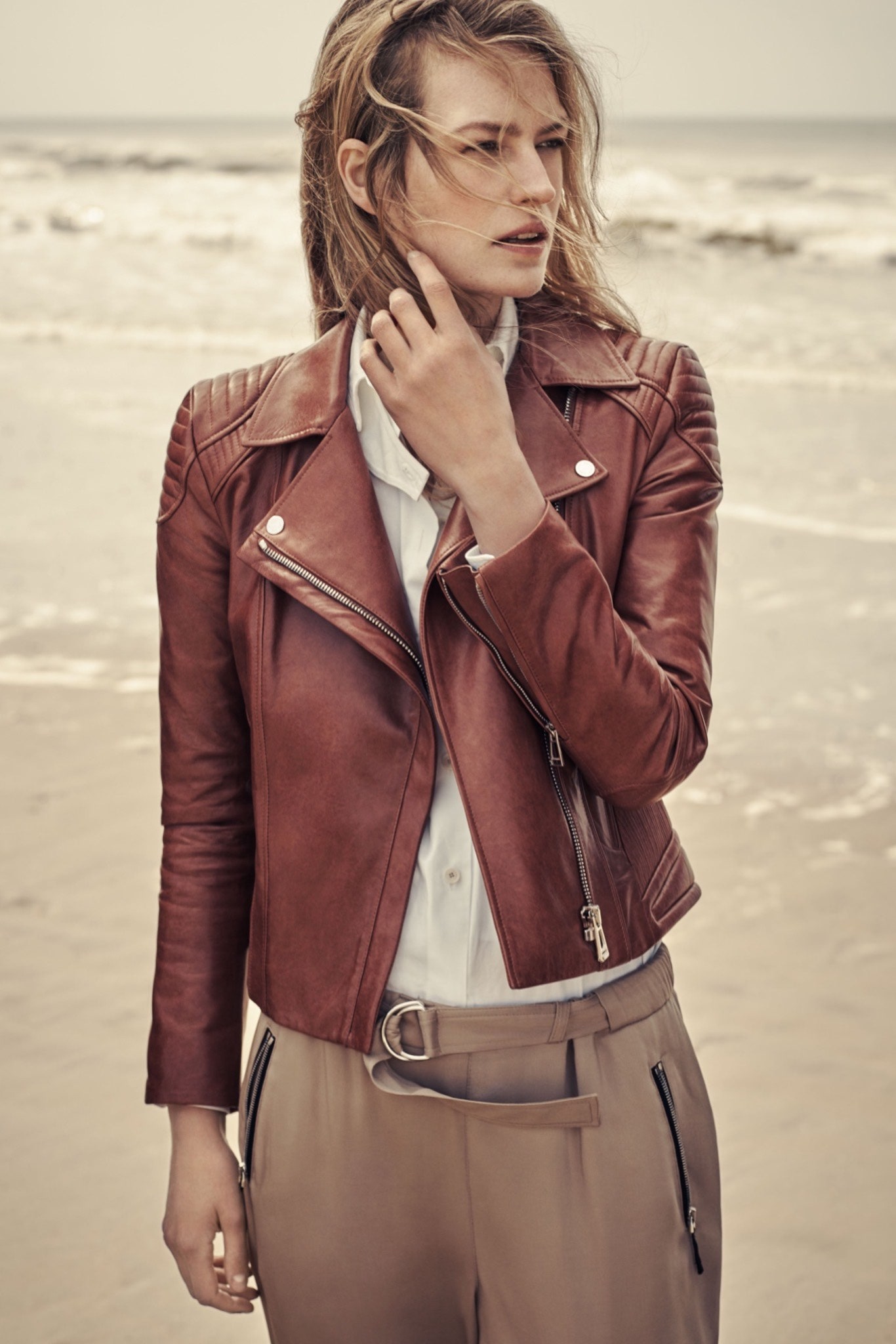 brown leather cropped biker jacket