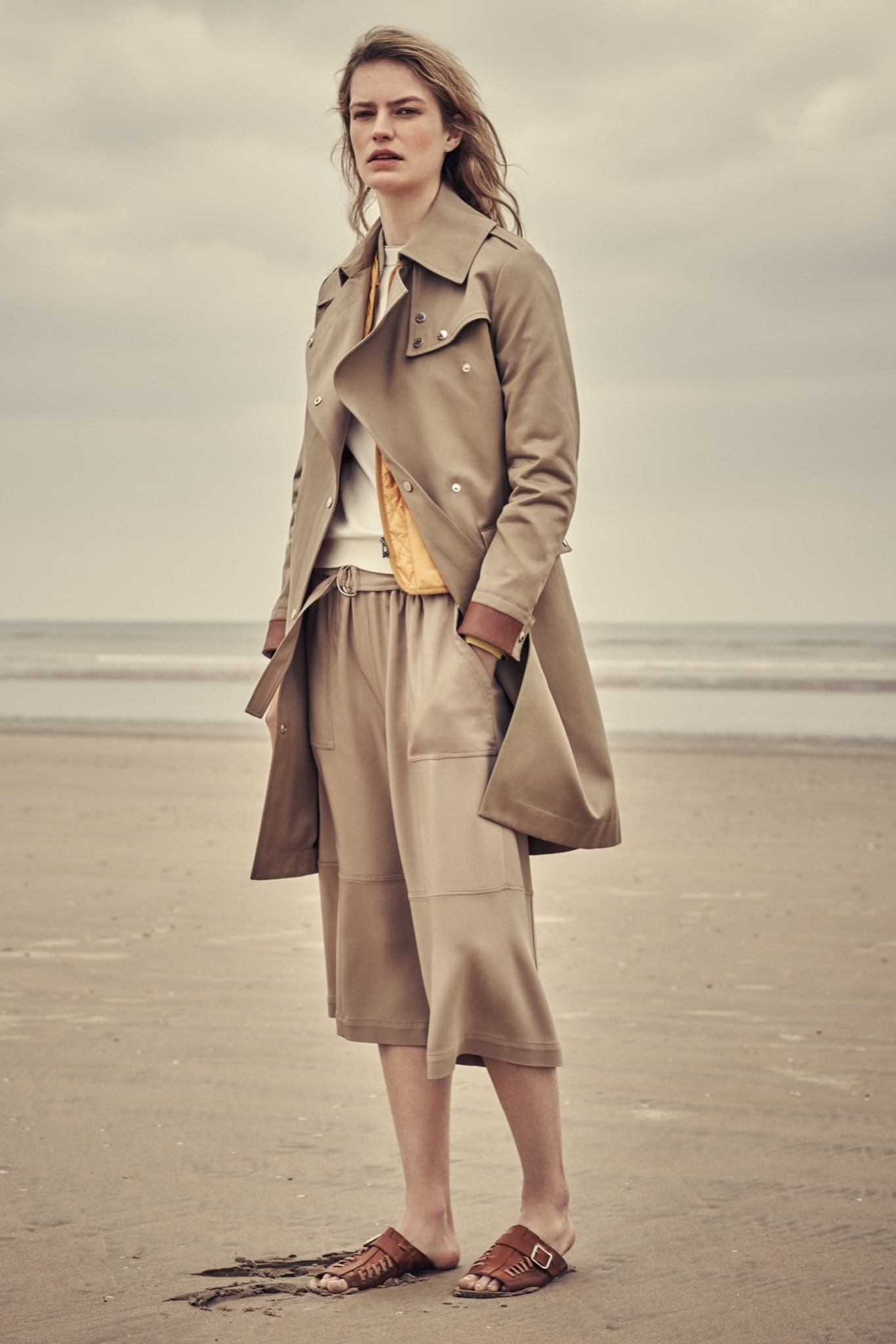 beige unknown high-waisted wide-leg pockets flowing midi culottes