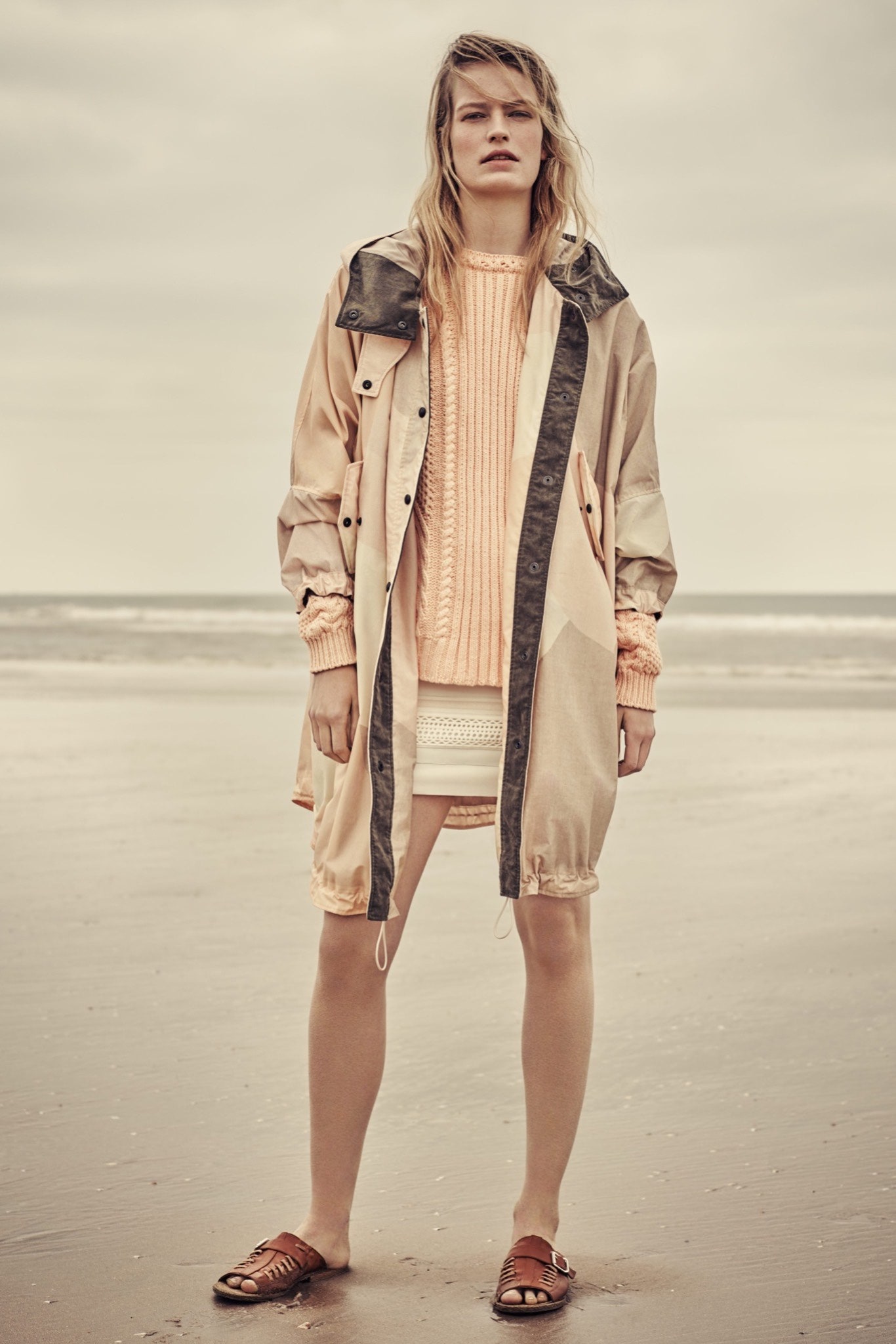 beige unknown long-sleeve hooded oversized color-blocked pockets parka