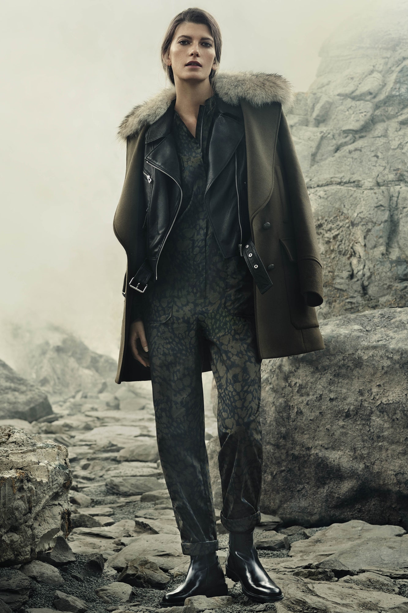 olive fur-trimmed wool coat