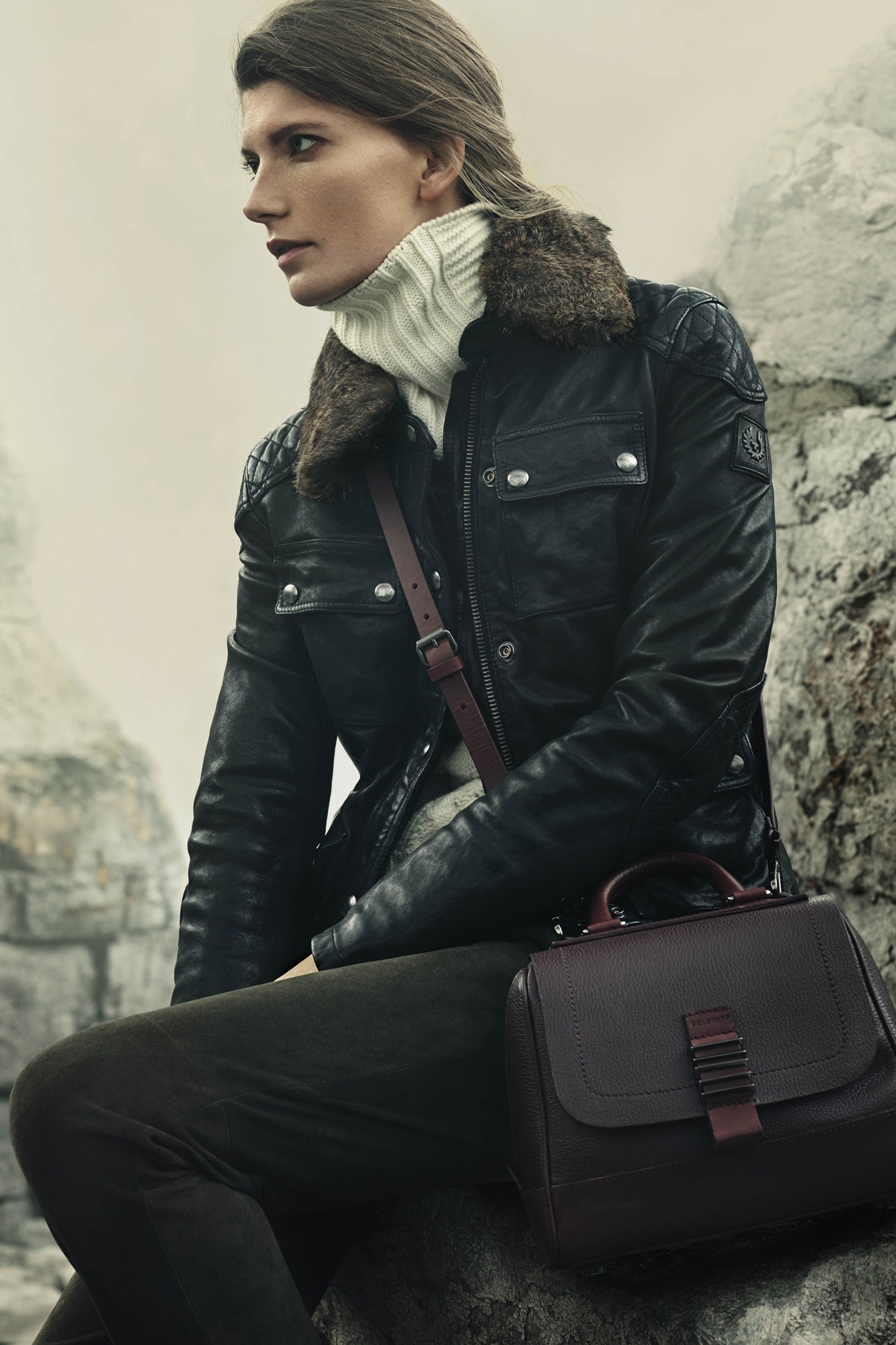 black leather fur-collar jacket