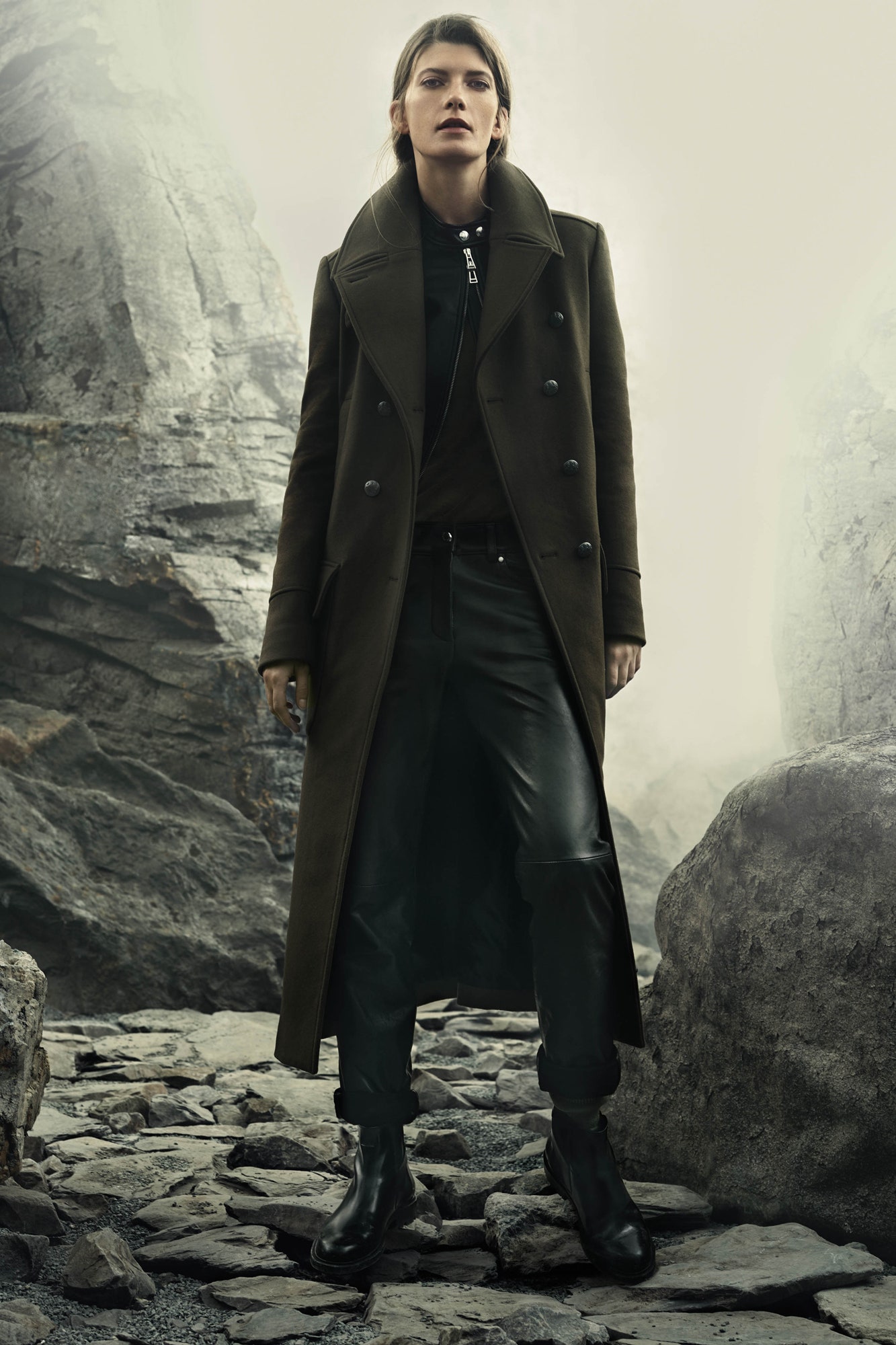 green double-breasted wool coat