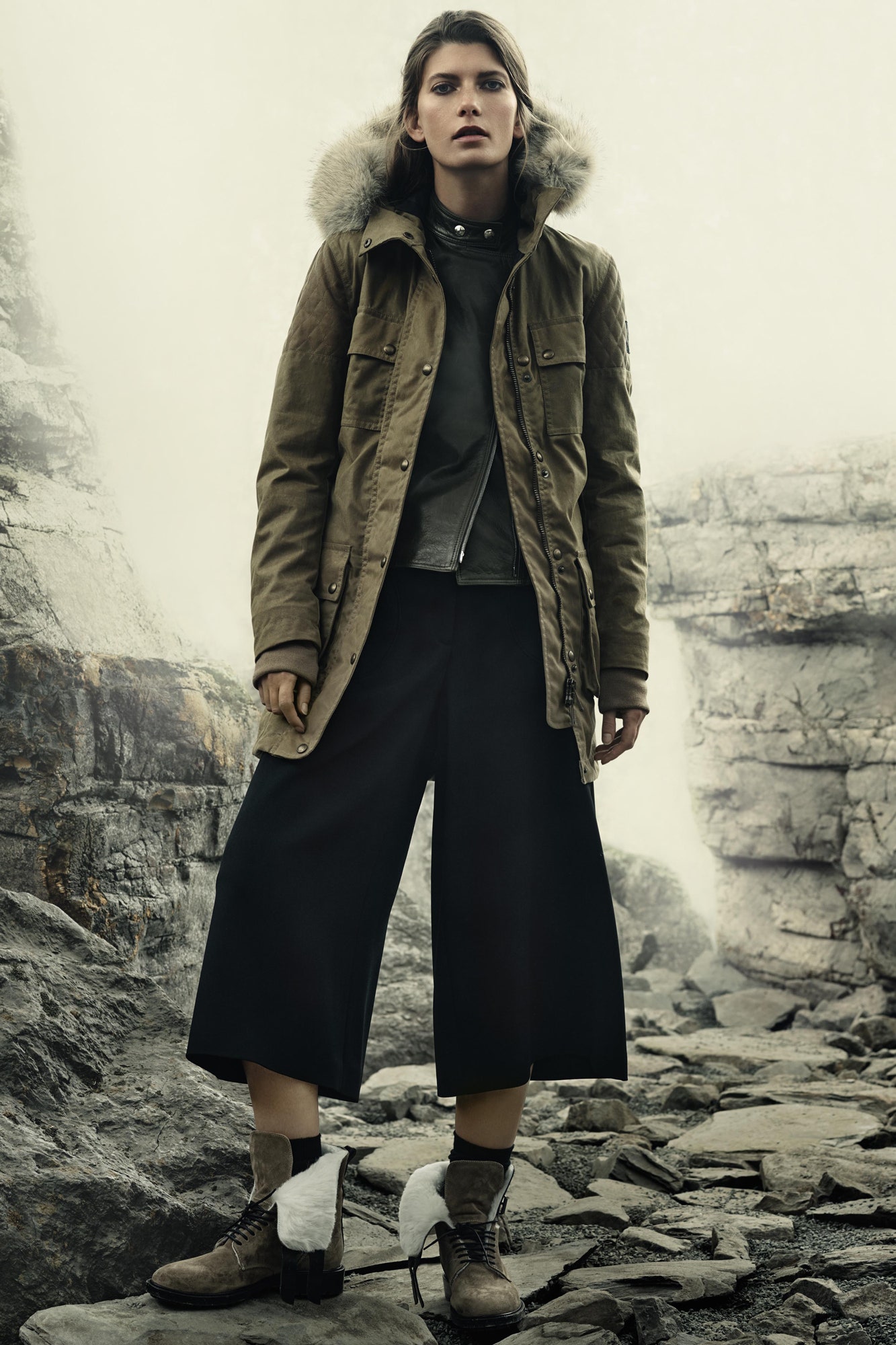 fur-trimmed hooded green parka