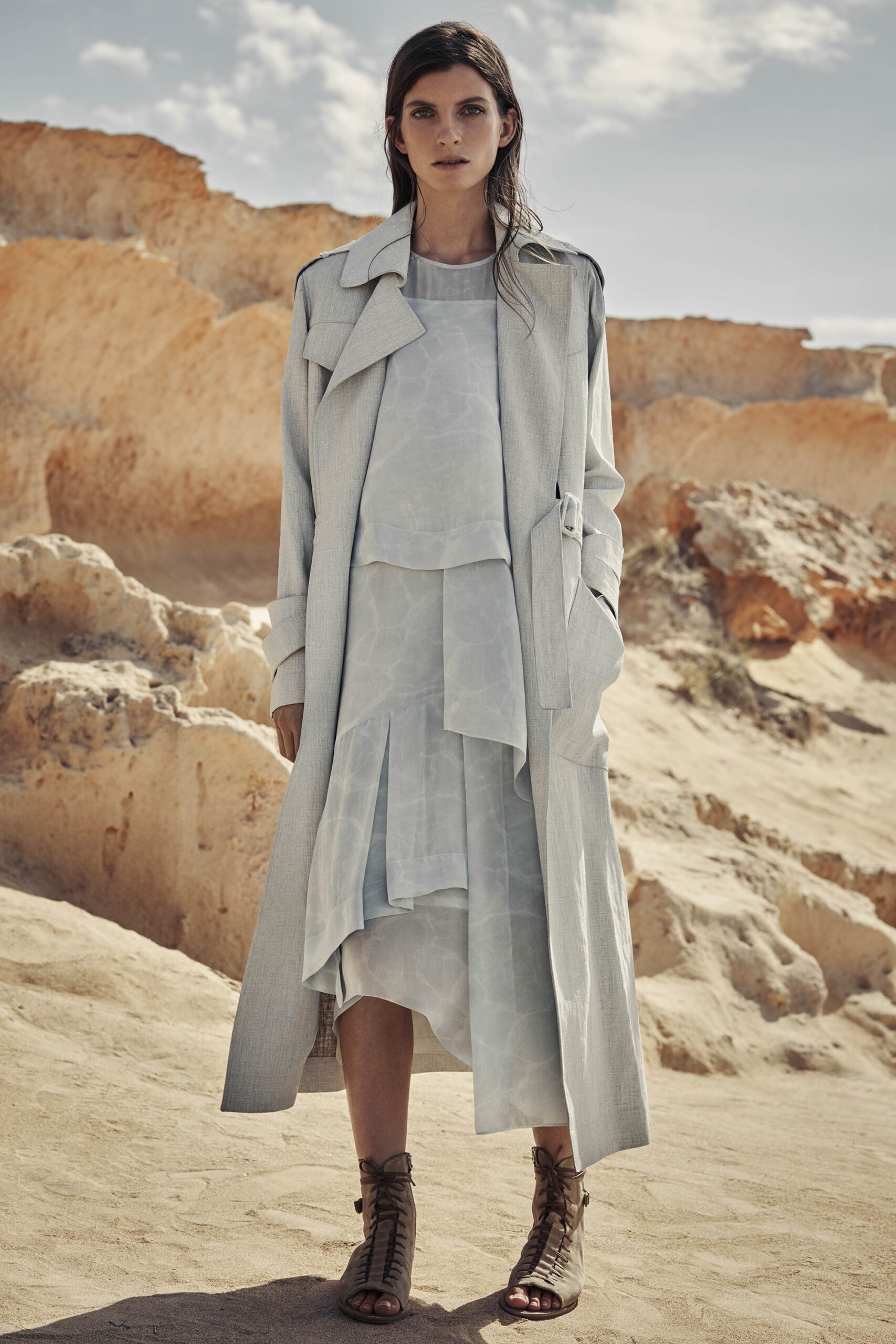 gray belted maxi trench coat