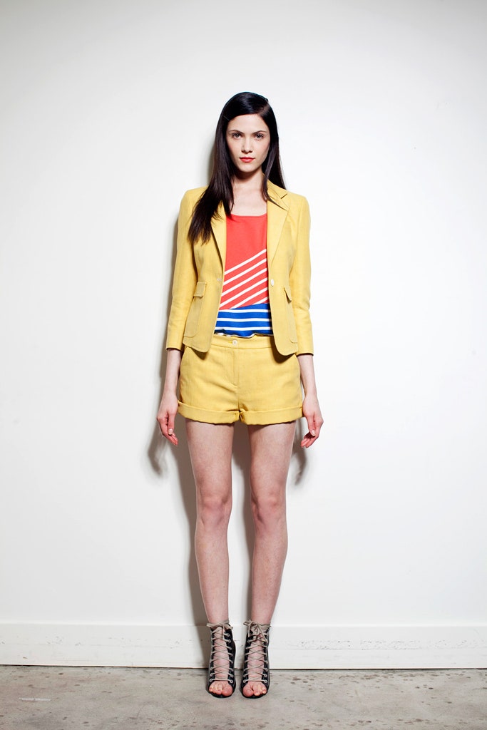 yellow tailored blazer with striped top