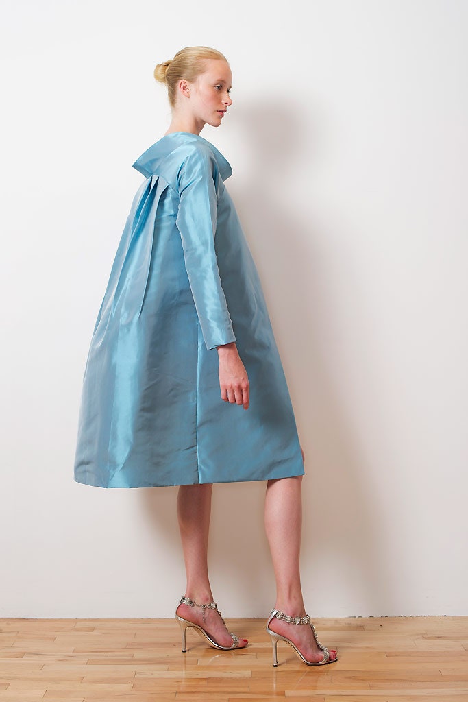 blue silk long-sleeve collared relaxed a-line shiny dress