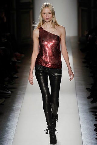 red silk asymmetric top with black leather pants