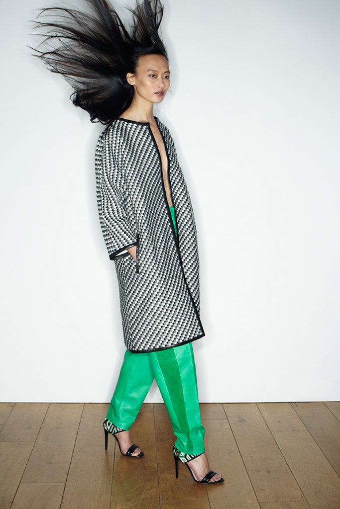 black and white checked coat with green pants