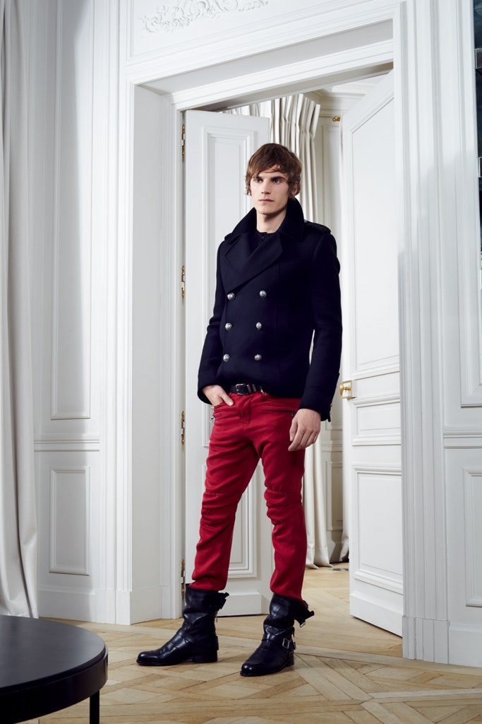 black wool jacket red pants