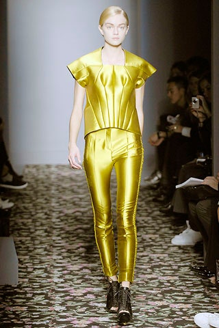 yellow silk sleeveless high-neck fitted pleated shiny top