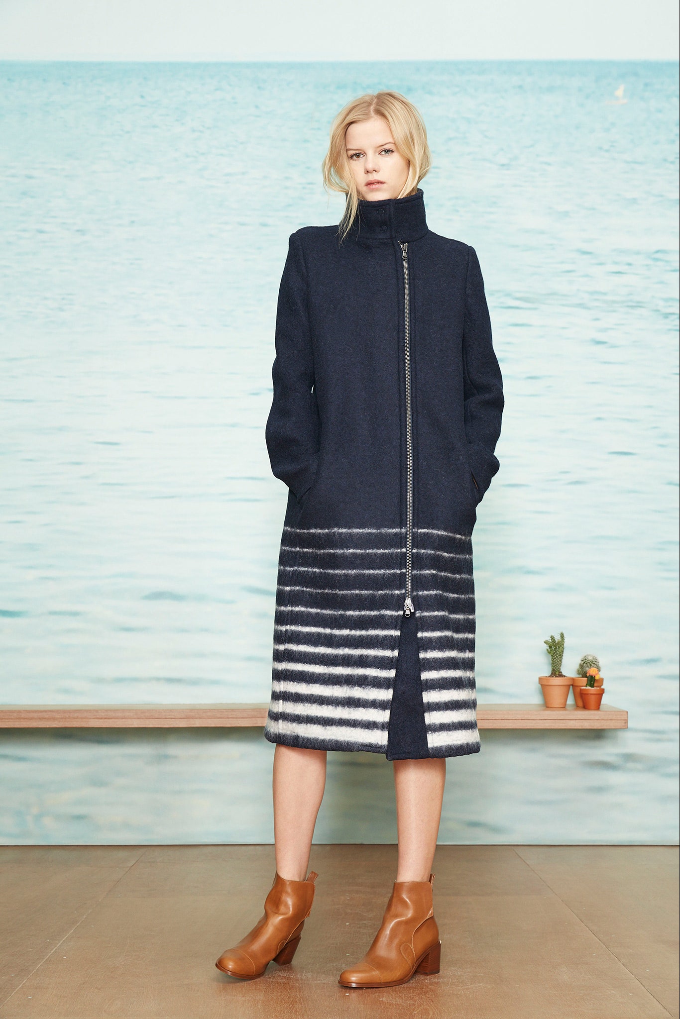 navy wool coat with stripes