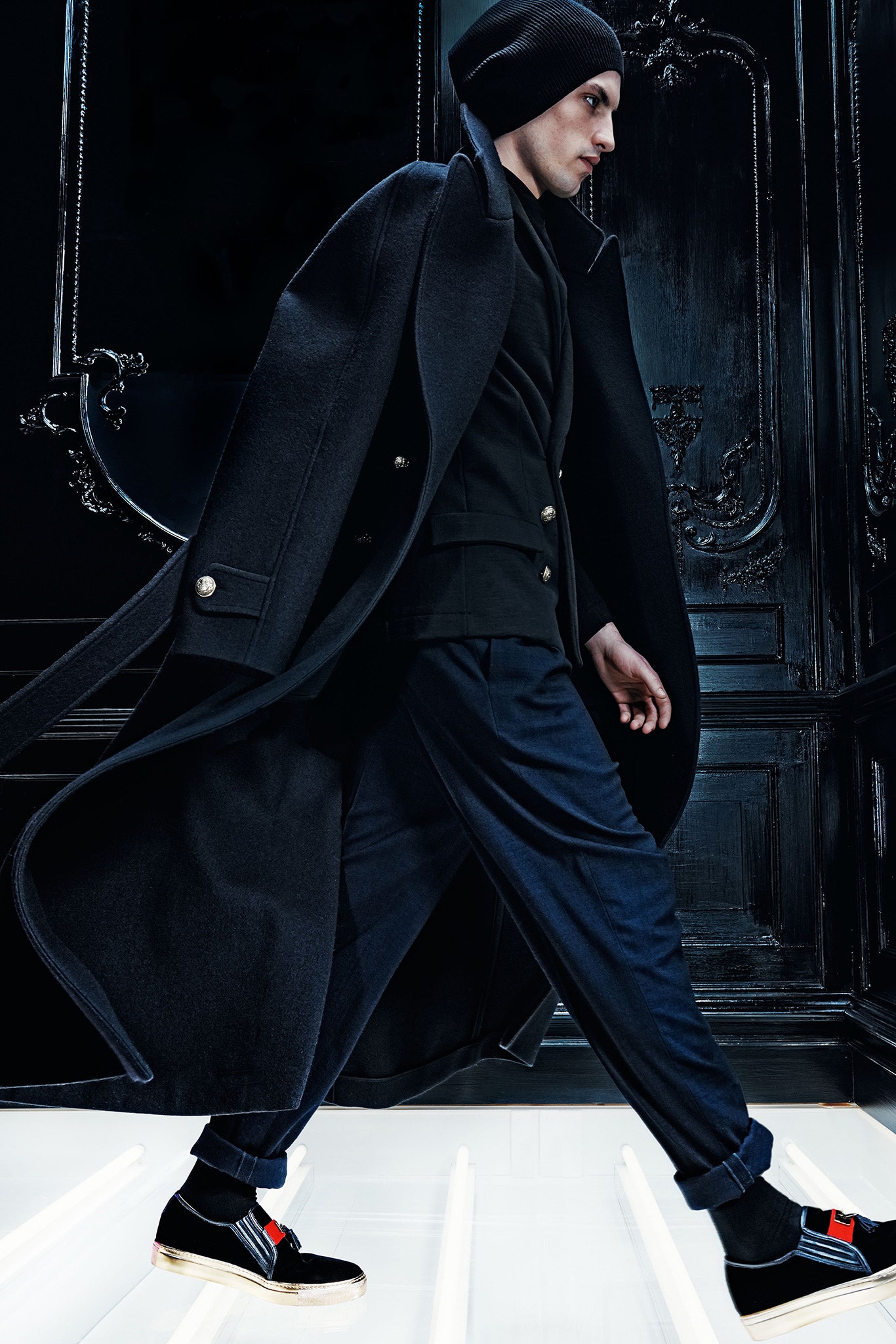 black wool coat with fitted top