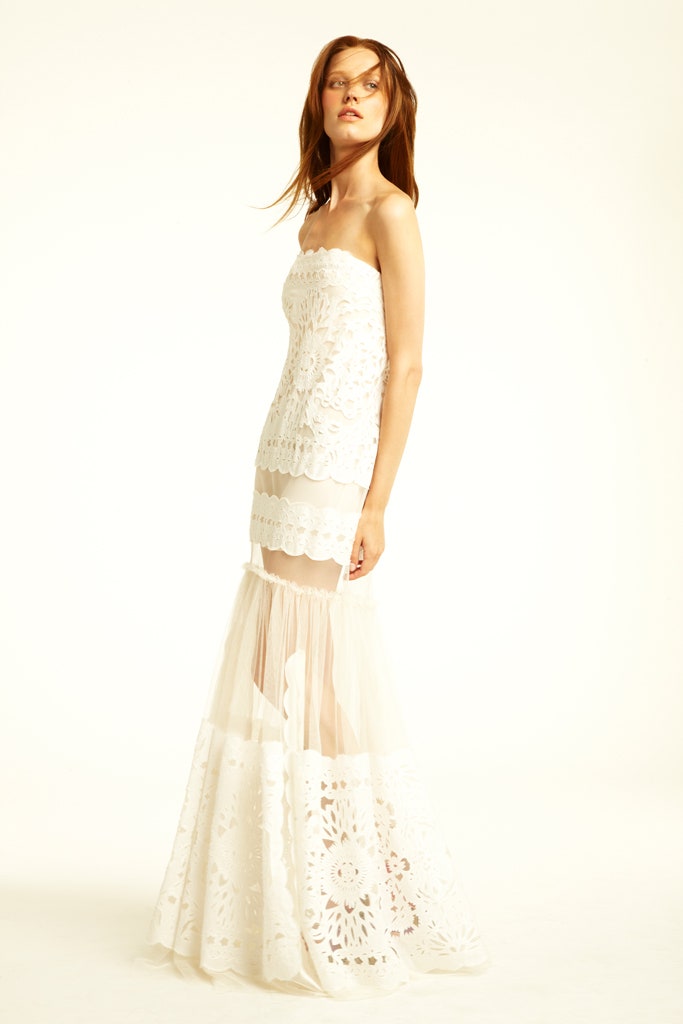 white lace strapless gown