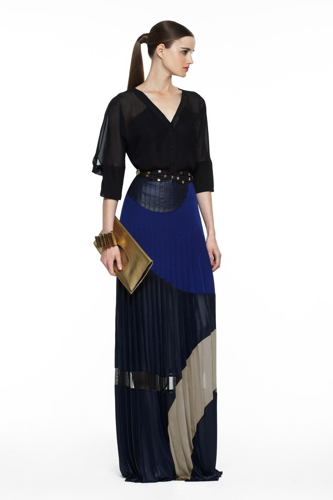 black silk blouse and color-blocked maxi-dress