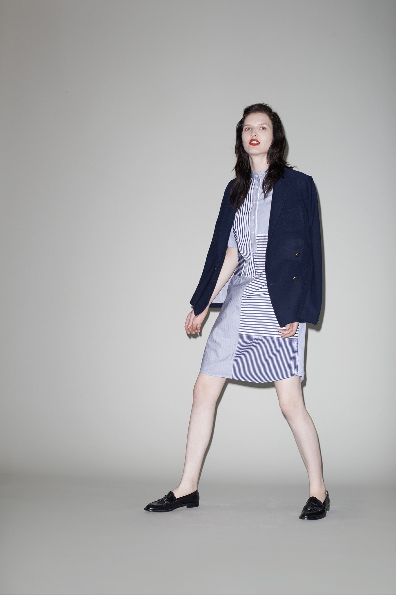 navy blazer and striped shirt-dress