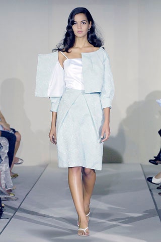 blue silk long-sleeve off-shoulder fitted draped jacket