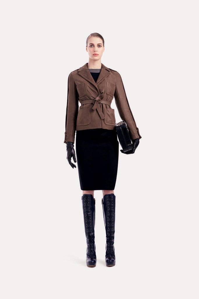 brown leather fitted jacket with black pencil skirt