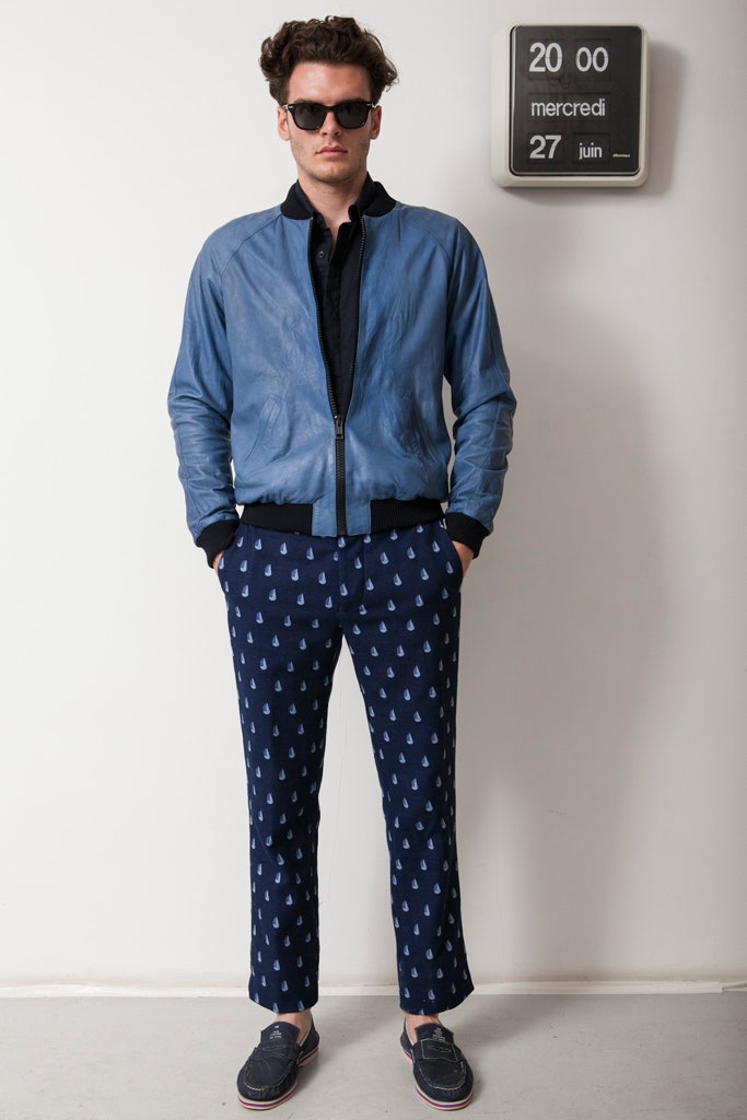blue leather long-sleeve collared fitted zippered jacket