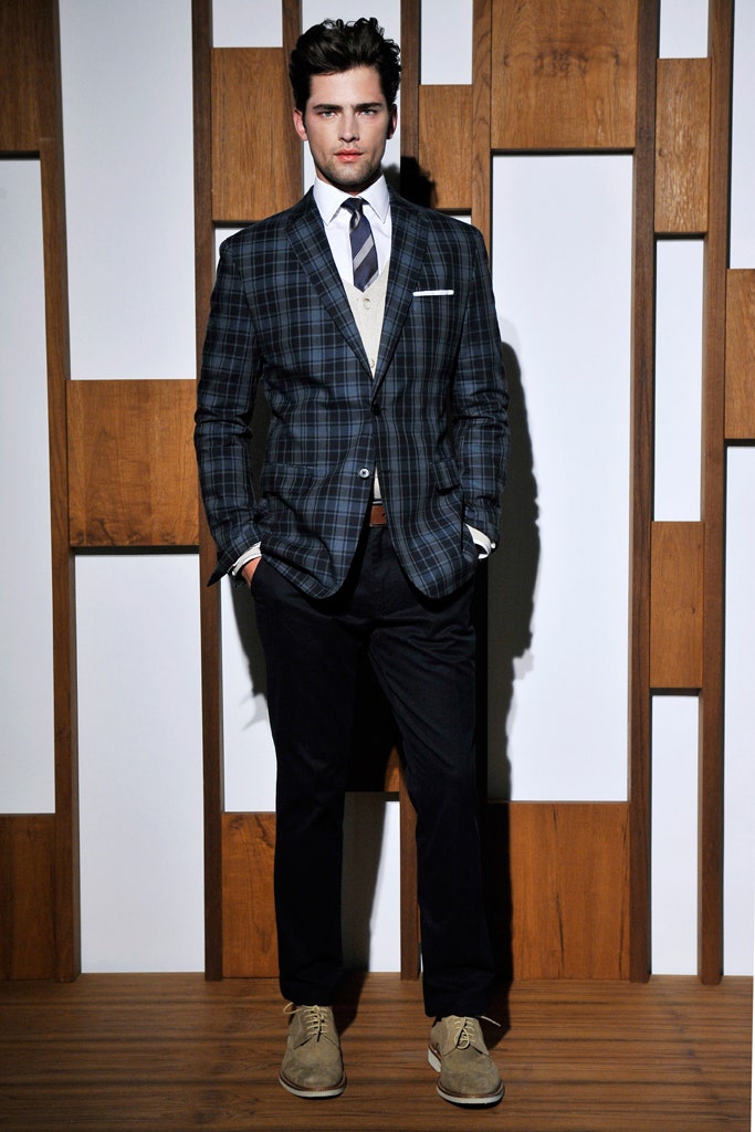 blue checked blazer with beige vest