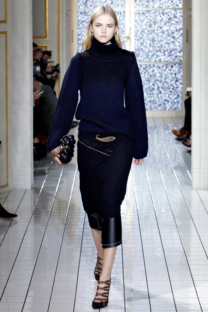 black wool turtleneck sweater and pencil skirt