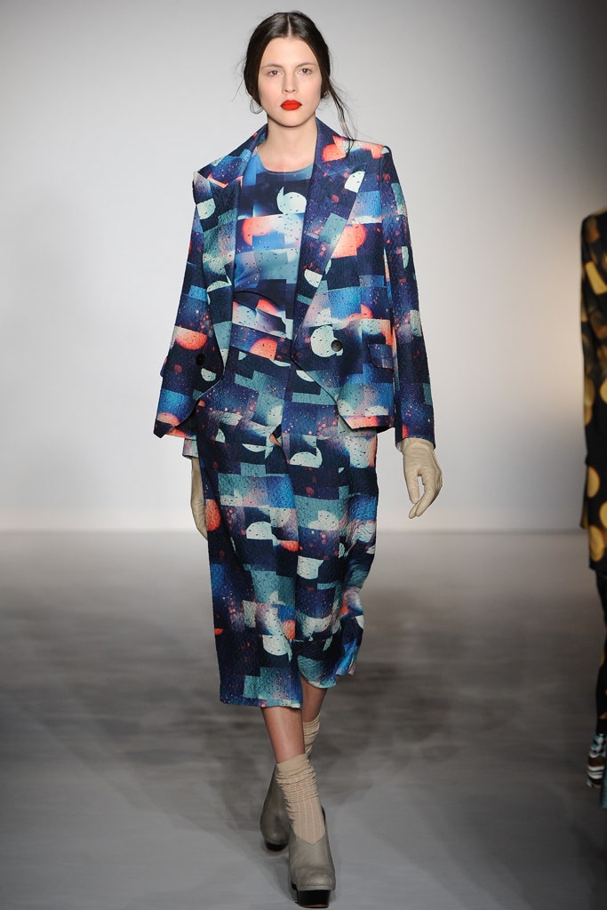 printed blue silk blazer and dress