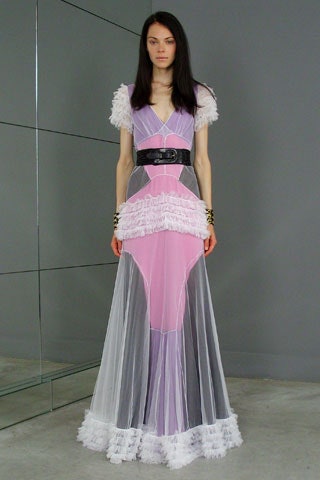 pink and gray ruffled maxi dress