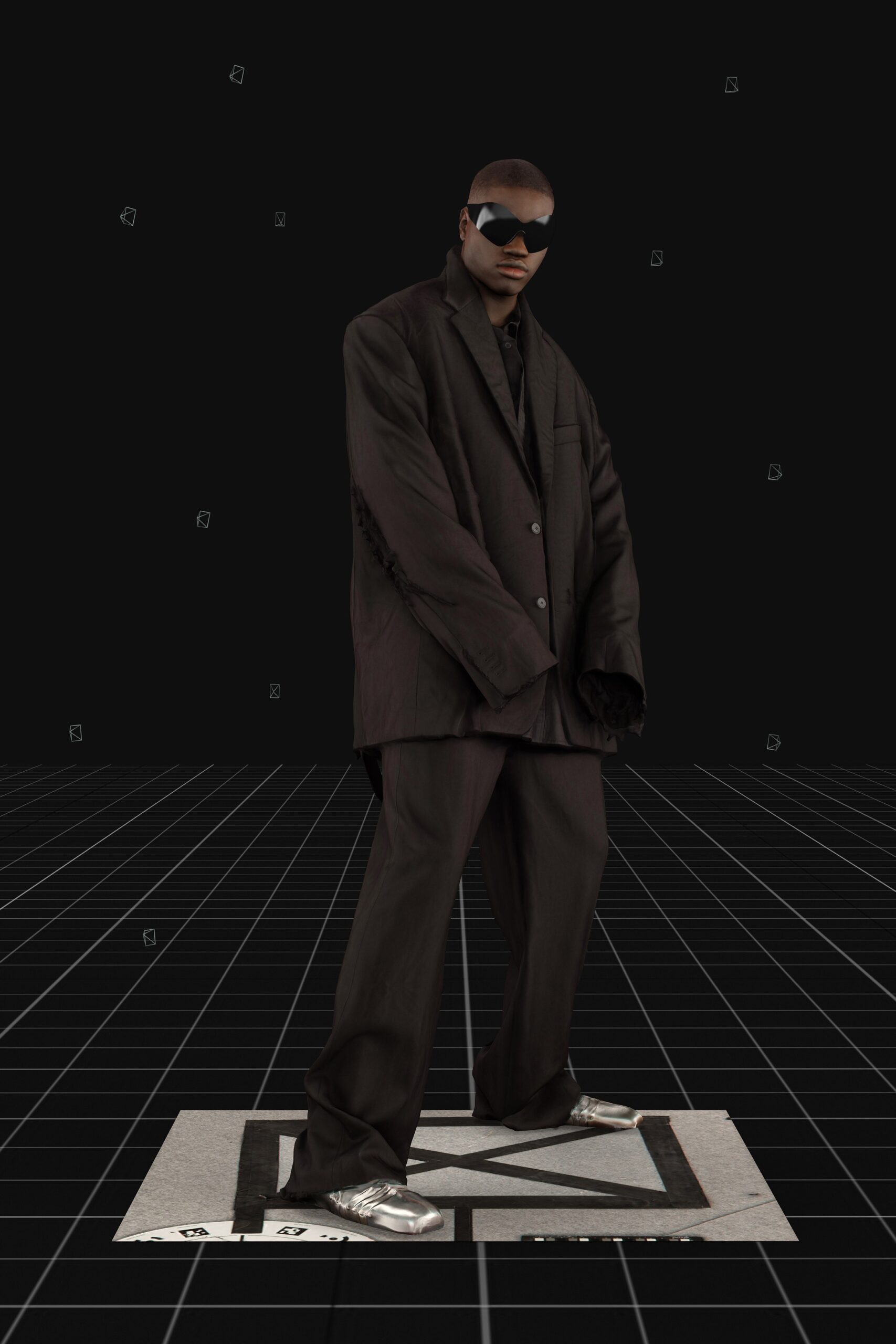 black cotton long-sleeve collared oversized buttoned suit