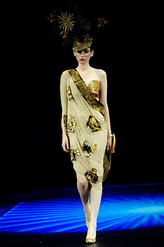 gold and white one-shoulder dress