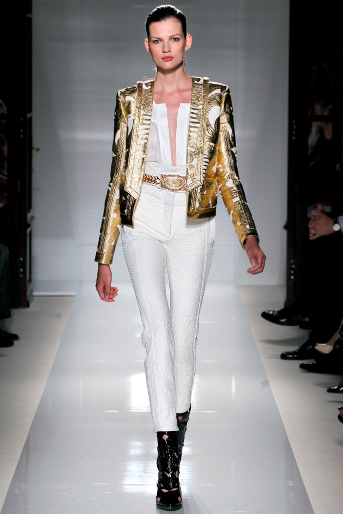 gold embroidered blazer with white top