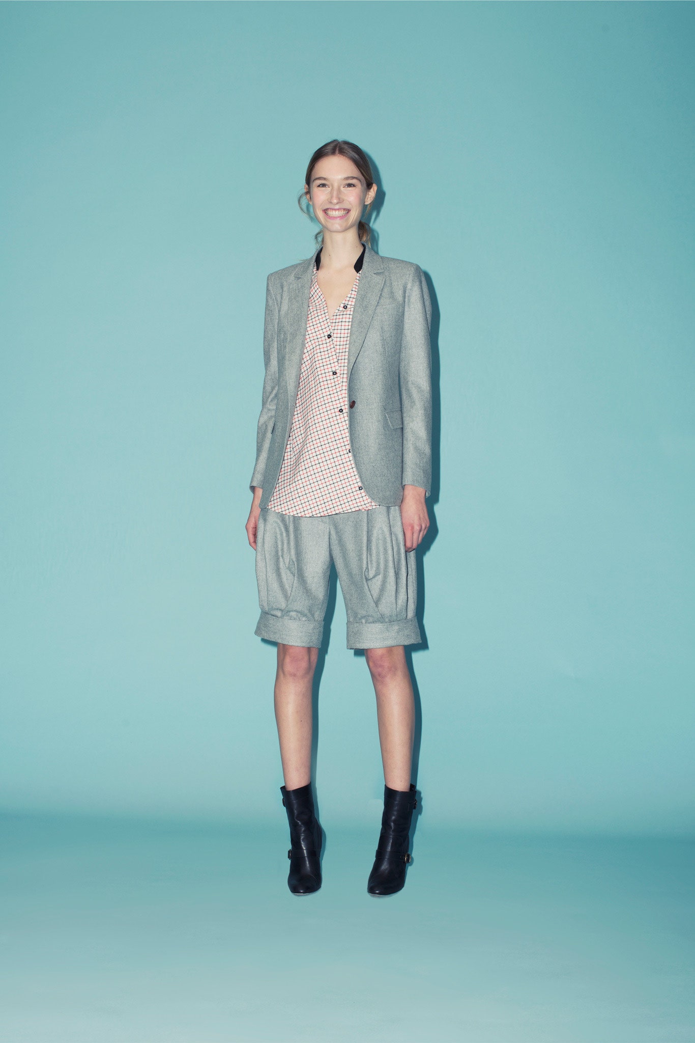 gray tailored blazer with shorts