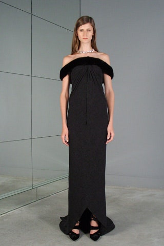 black silk off-shoulder gown
