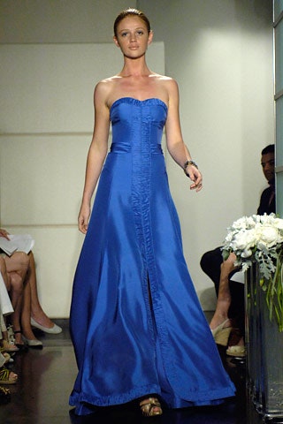 blue silk strapless gown