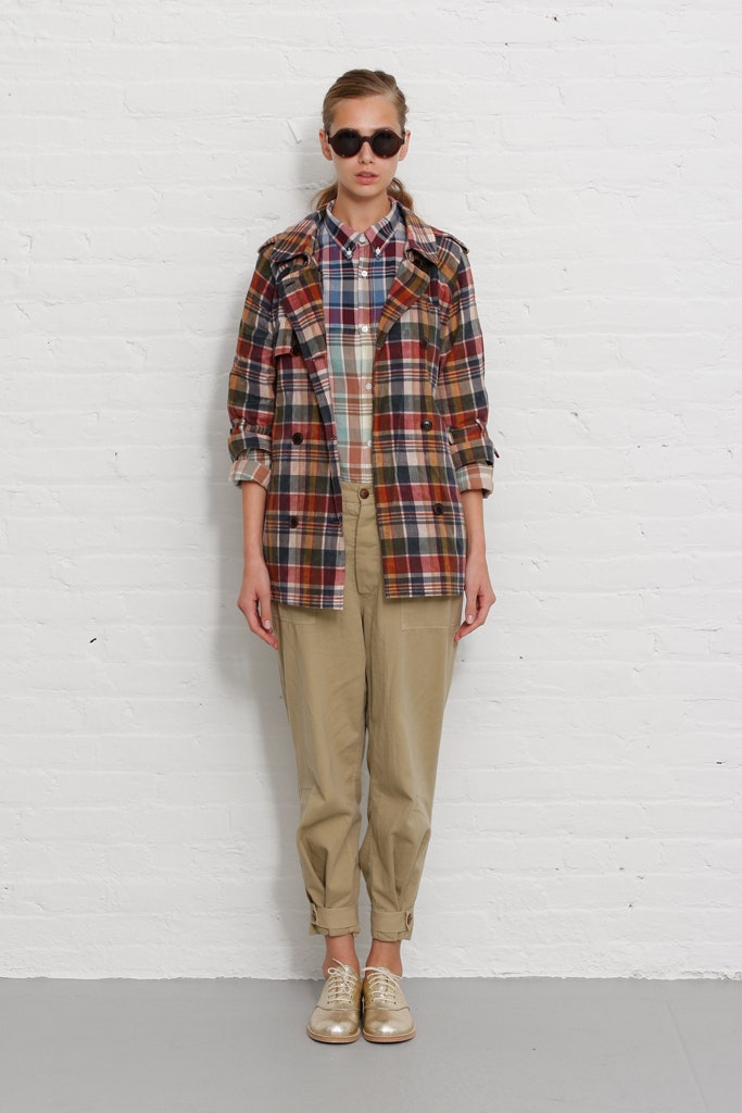 multi-colored jacket with beige pants