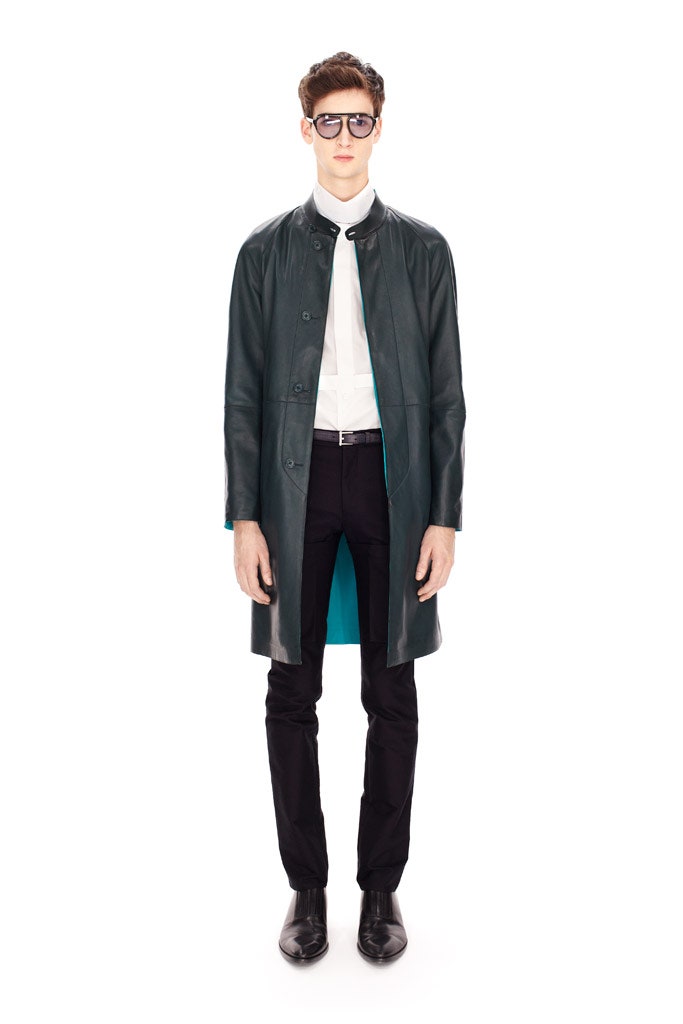 teal leather coat with fitted shirt