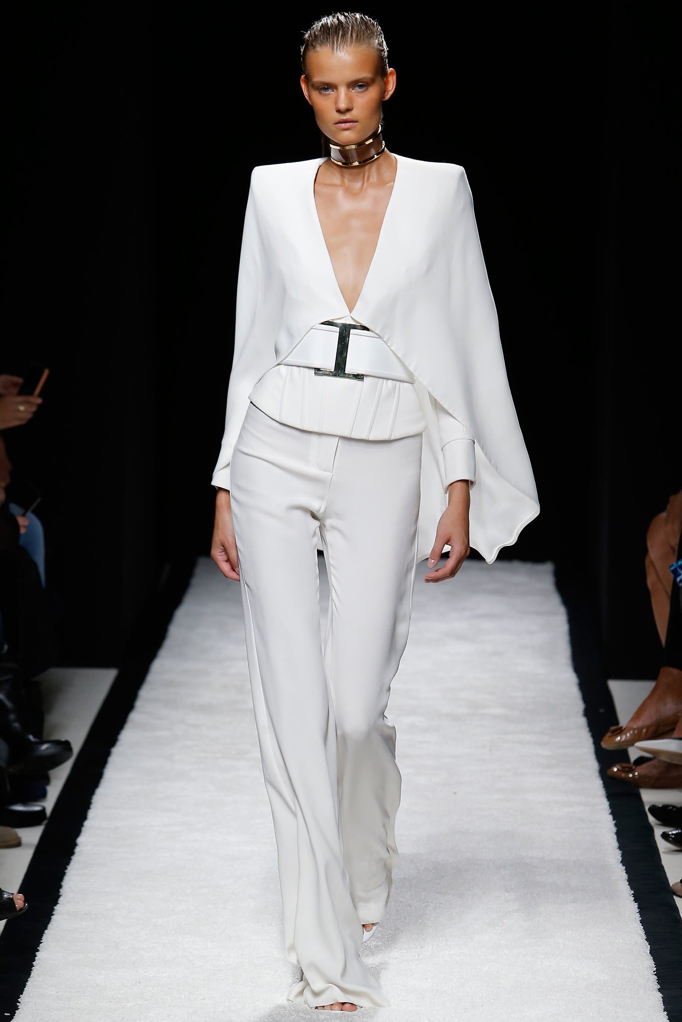 white silk sleeveless v-neck fitted draped cape