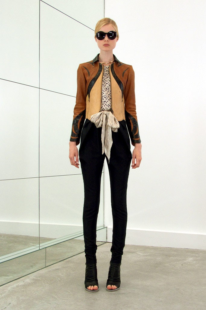 fitted brown leather jacket with silk top