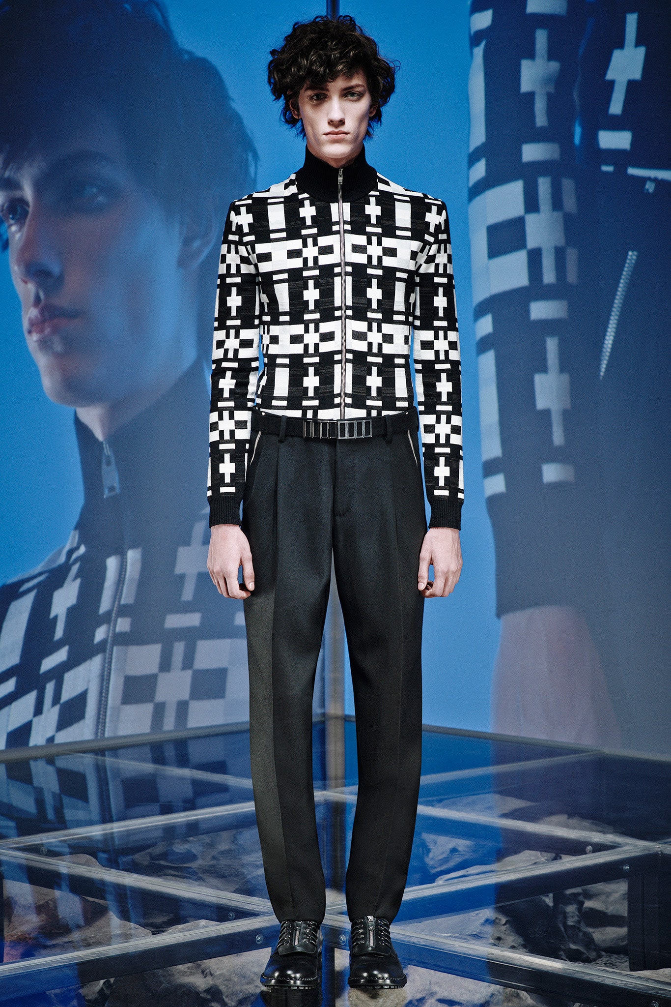 black and white printed fitted shirt with tailored pants