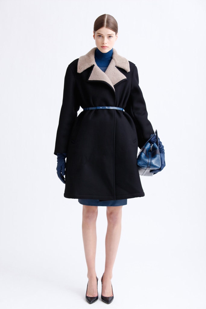 black wool coat with blue dress