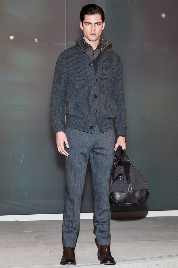 gray wool cardigan with tailored pants