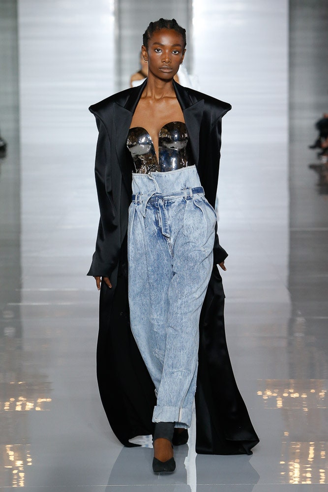 blue denim relaxed high-waisted pleated pants