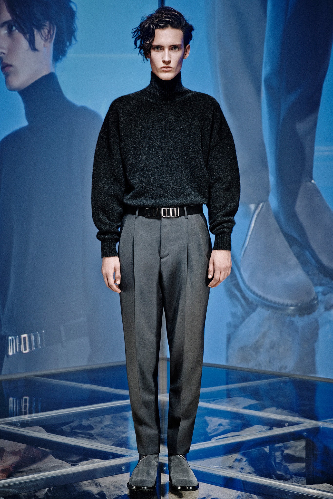 black wool turtleneck sweater and gray tailored pants