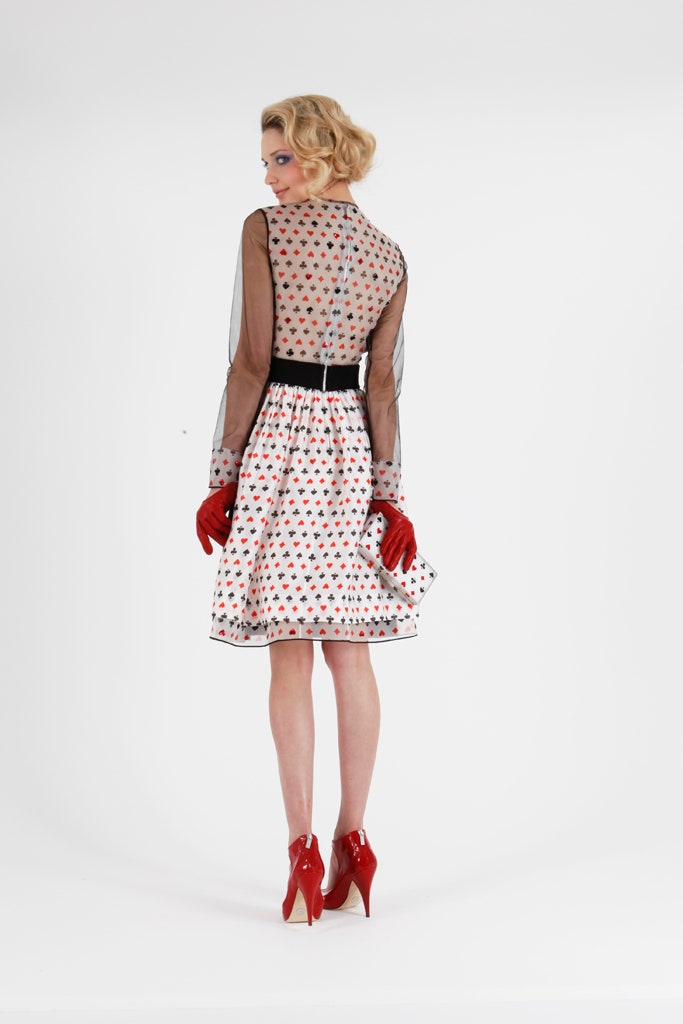 white printed midi dress with red gloves