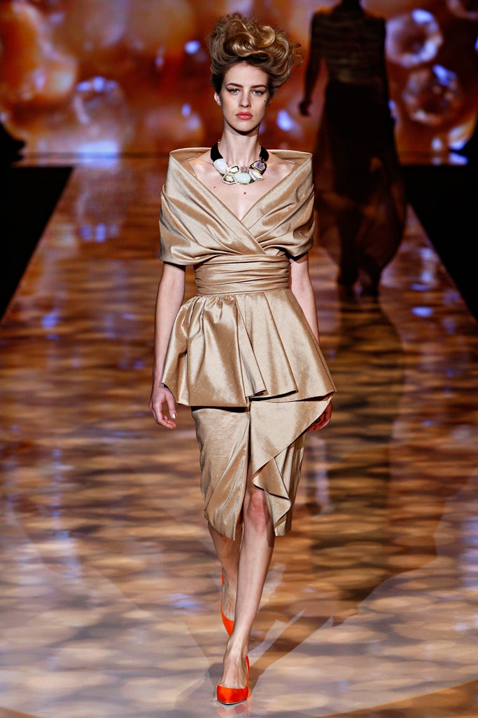gold silk short-sleeve v-neck fitted draped tiered dress