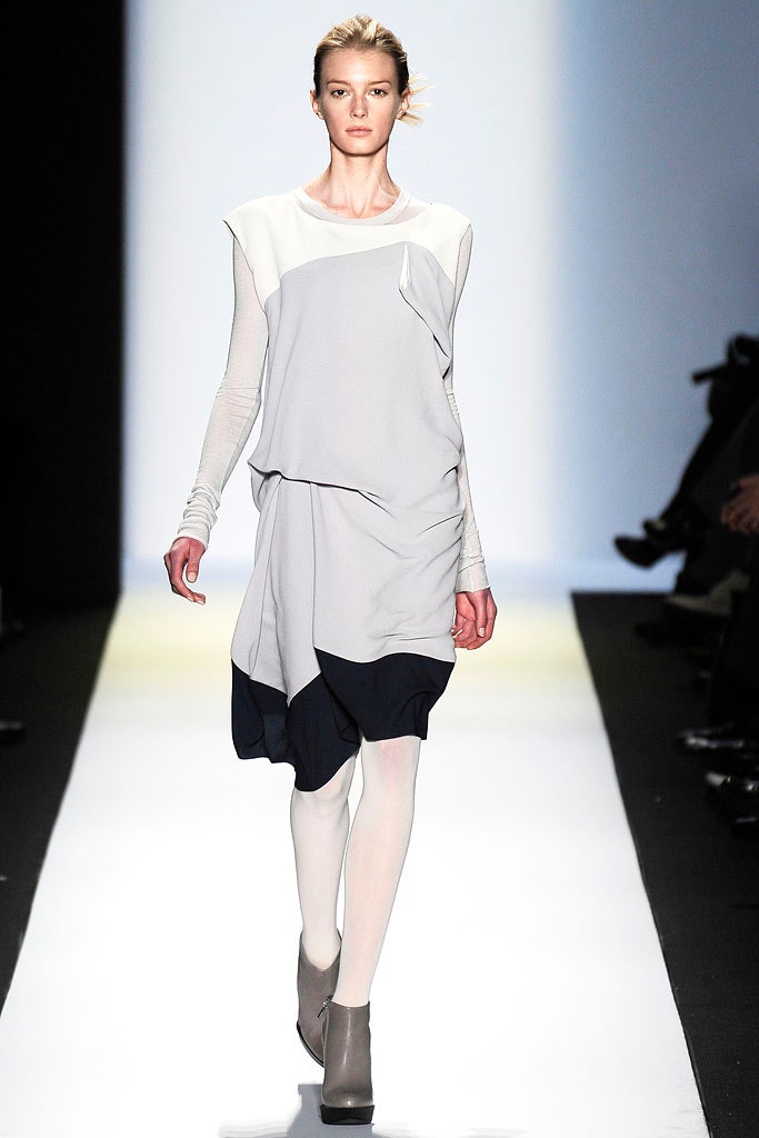 gray and navy asymmetric dress with white top
