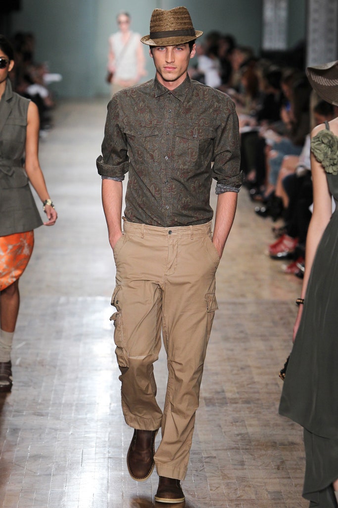 brown printed shirt with beige cargo pants