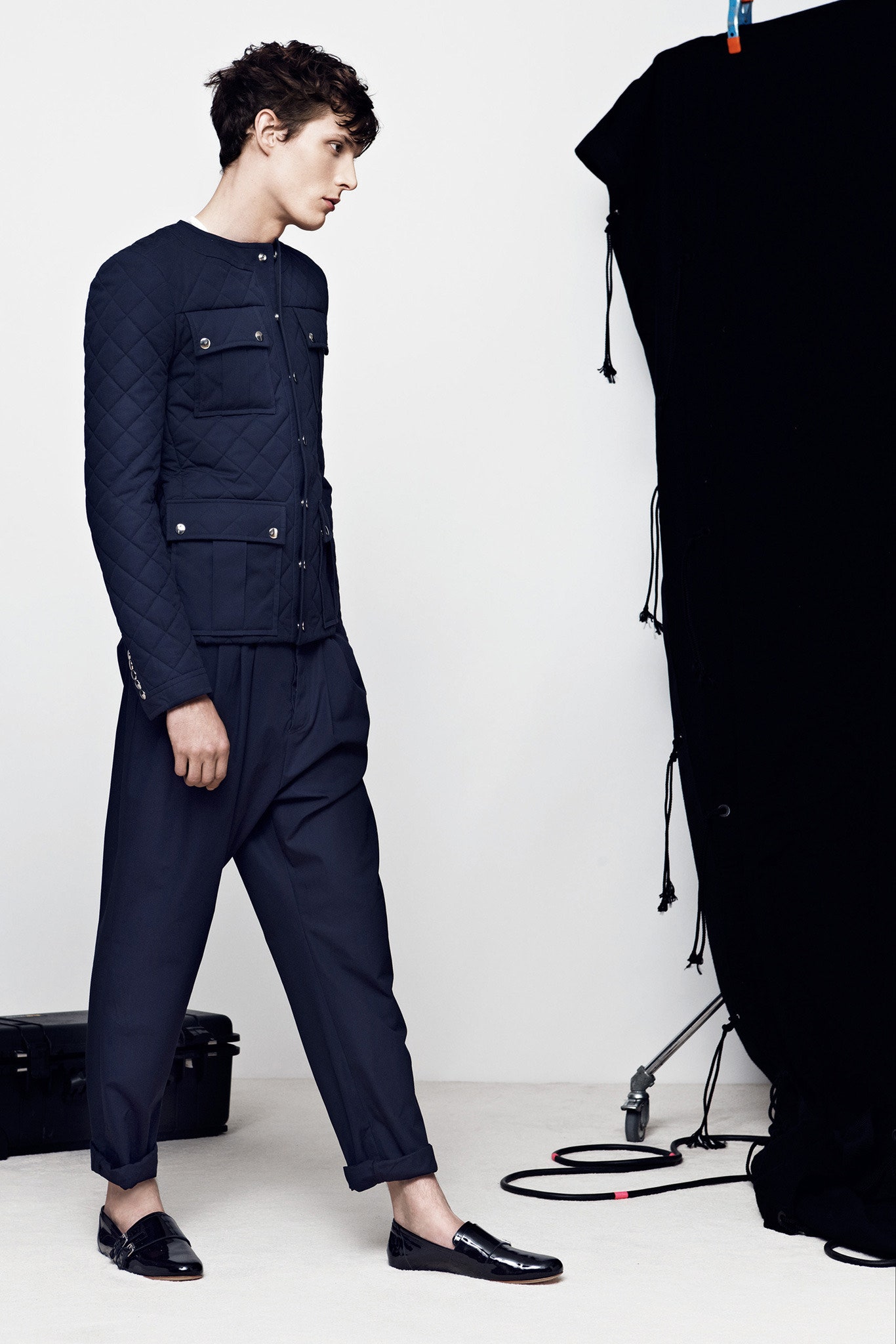 blue fitted jacket with relaxed pants