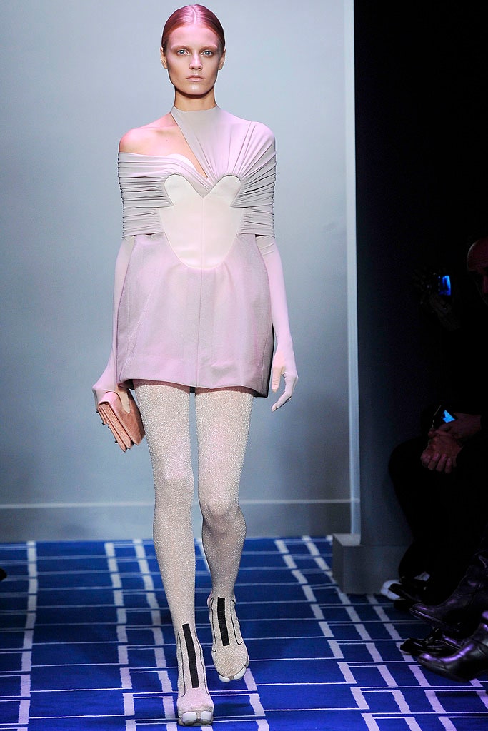 pink silk long-sleeve off-shoulder fitted draped mini dress