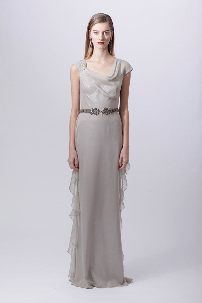 gray chiffon sleeveless gown with belt