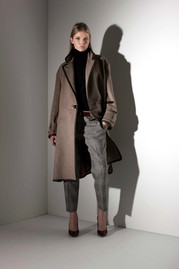 brown wool coat with black turtleneck