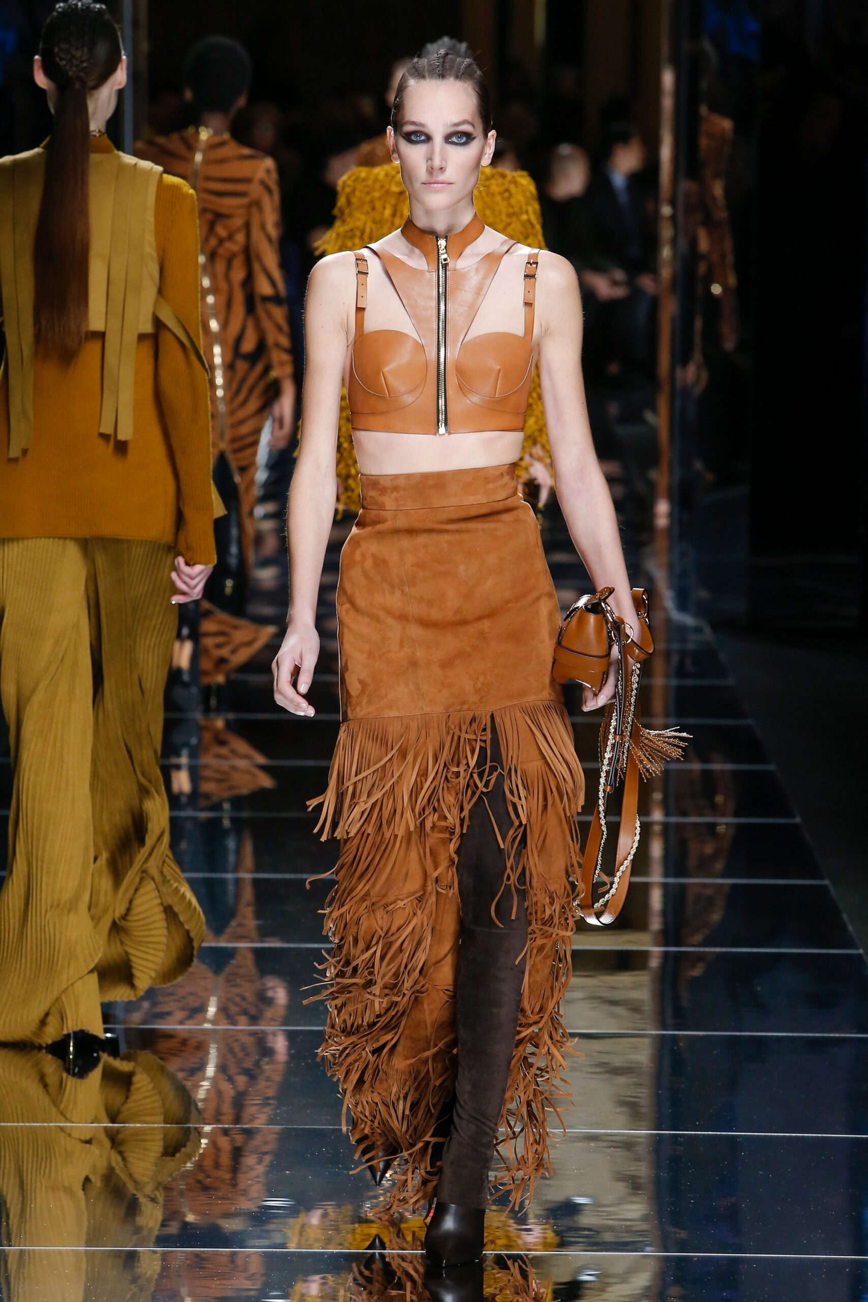 brown leather top and skirt